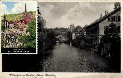 Ak Esslingen am Neckar, Blick auf den Neckar, links das Rathaus, rechts Fachwerkhäuser