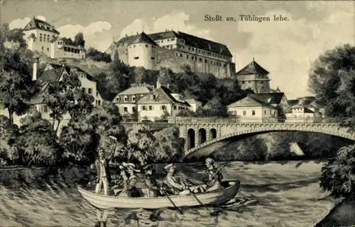 Ak Tübingen am Neckar, Teilansicht, Brücke, Ruderboot
