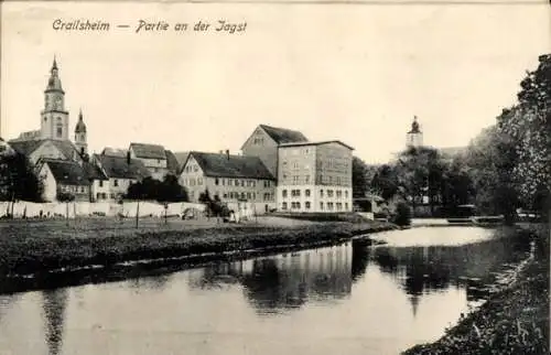 Ak Crailsheim in Württemberg, Stadtansicht mit Fluss, Kirchturm und Gebäuden