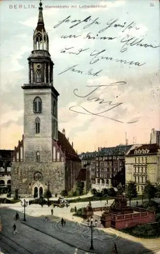Ak Berlin Mitte, Straßenpartie mit Blick auf Marienkirche und Lutherdenkmal