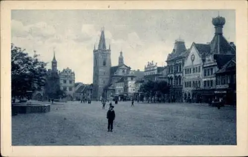 Ak Litoměřice Leitmeritz Region Aussig, Platz, Passanten, Turm, Uhr