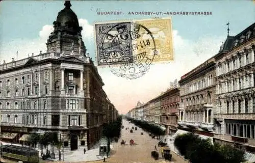 Ak Budapest Ungarn, Andrassy ut., Andrassystraße, Straßenbahn