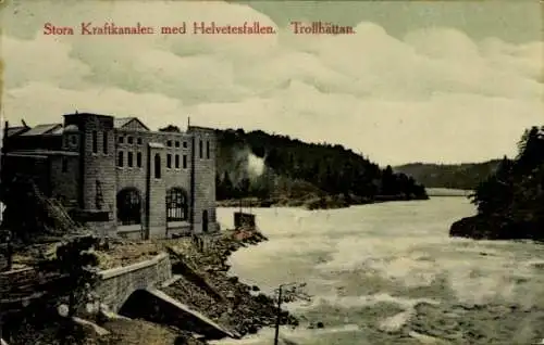 Ak Trollhättan Schweden, Stora Kraftkanalen, Helvetesfallen, Fluss, Industriegebäude