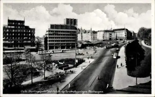 Ak Oslo Norwegen, Stortingsgata Odd Fellow-og Torstedbygningen, Abelhaugen, Straßenbahn