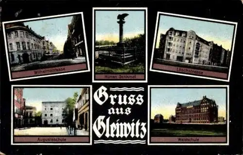Ak Gleiwitz Schlesien, Wilhelmstraße, Löschstraße, Augustachule, Waldschule