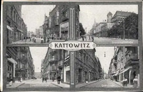 Ak Katowice Kattowitz Oberschlesien, Querstraße, Direktionsstraße, Grundmannstraße