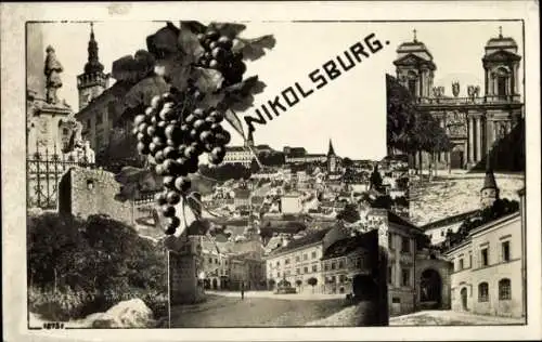 Ak Mikulov Nikolsburg Südmähren, Stadtansicht von  Weintraube, historische Gebäude