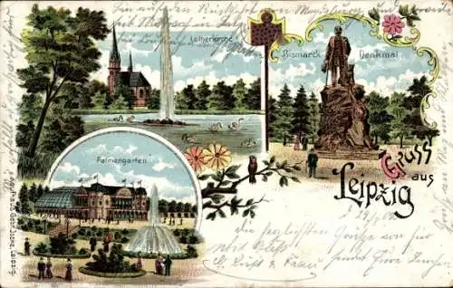 Litho Leipzig in Sachsen, Bismarck Denkmal, Lutherkirche, Palmengarten