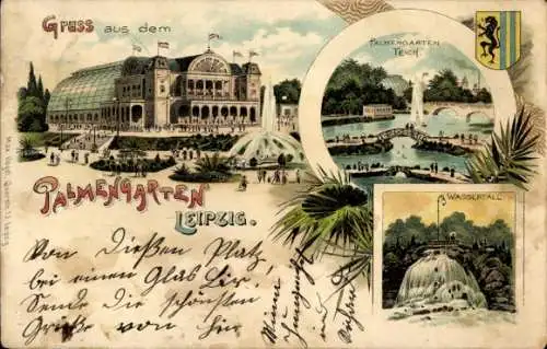 Litho Leipzig in Sachsen, Palmengarten Teich, Wasserfall