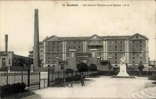 Ak Corbeil Essonne, Les Grands Moulins, Gebäude, Statue, Gartenanlage