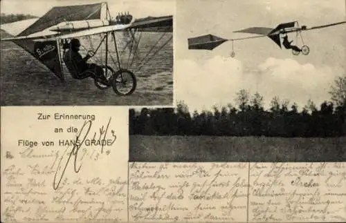 Ak Flugpionier, Flüge von Hans Grade