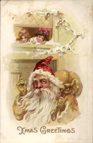 Präge Ak Frohe Weihnachten, Weihnachtsmann mit Geschenkesack, Kinder am Fenster