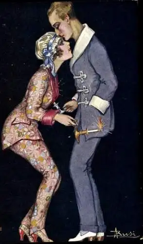 Künstler Ak Busi, Liebespaar, Modische Kleider, Kerzen