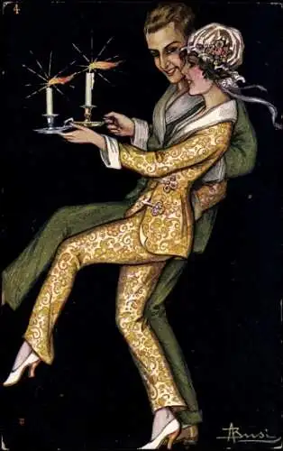 Künstler Ak Busi, Adolfo, Paar in Schlafanzügen, mit Kerzen in der Hand