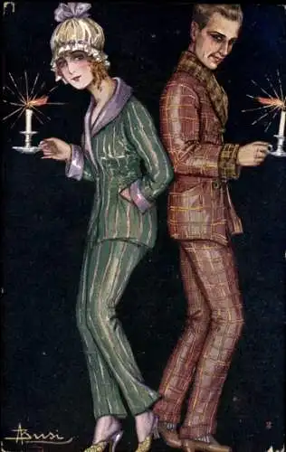 Künstler Ak Busi, Mann und Frau in Schlafanzügen