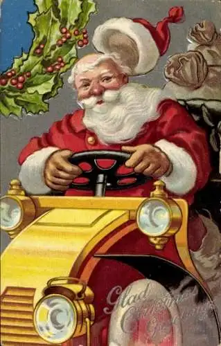 Präge Ak Frohe Weihnachten, Weihnachtsmann im Automobil, Stechpalmenkranz