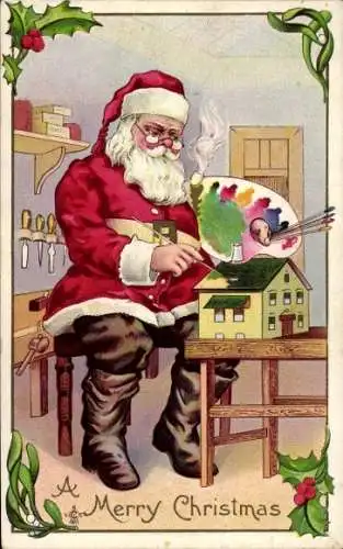 Ak Glückwunsch Weihnachten, Weihnachtsmann bemalt ein Spielzeughaus