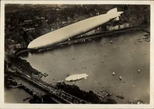 Ak Hamburg Altstadt, Graf Zeppelin und Parseval über der Alster, Fliegeraufnahme