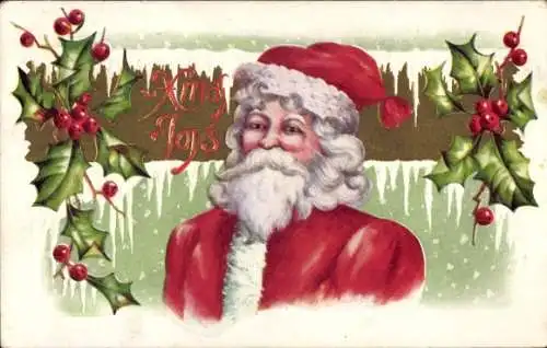 Präge Ak Frohe Weihnachten, Weihnachtsmann, Stechpalmenzweige