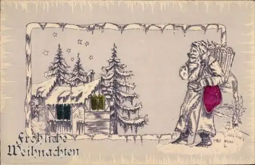 Präge Ak Frohe Weihnachten, Weihnachtsmann, verschneites Haus