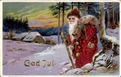 Präge Ak Frohe Weihnachten, Weihnachtsmann mit Geschenkesack, Winterlandschaft