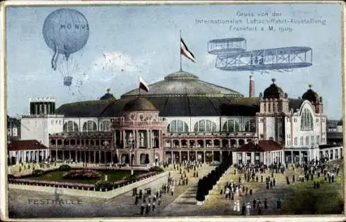 Ak Frankfurt am Main, Int. Luftschifffahrt-Ausstellung 1909, Festhalle, Ballon, Flugzeug