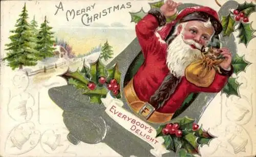 Präge Ak Frohe Weihnachten, Weihnachtsmann, Stechpalmenzweige