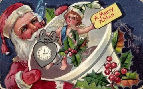 Präge Ak Frohe Weihnachten, Weihnachtsmann, Engel, Glocke, Uhr, Stechpalmenzweige