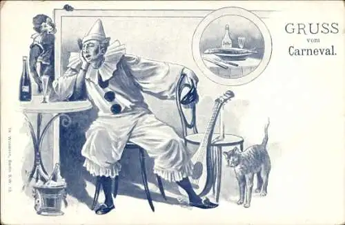 Litho Gruß vom Karneval, Pierrit mit Sektflaschen am Tisch, Affe, Katze, Laute
