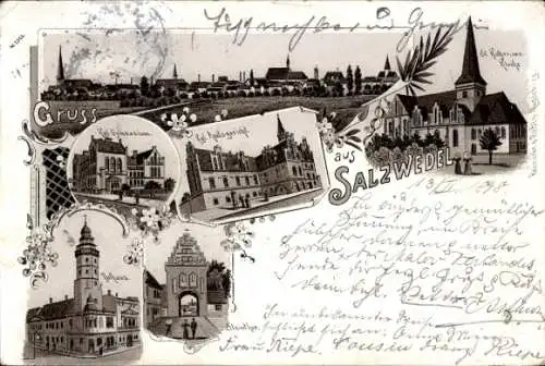 Litho Salzwedel in der Altmark, Amtsgerich, Katharinenkirche, Gymnasium, Rathaus, Steintor