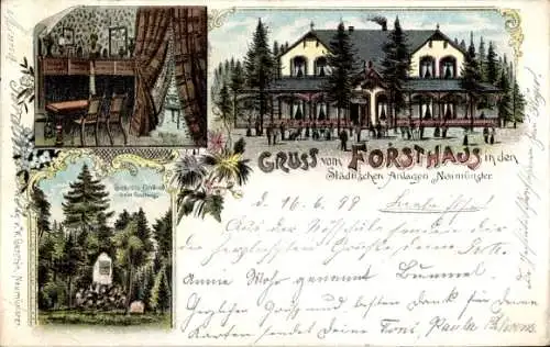 Litho Neumünster in Holstein, Forsthaus in den Städtischen Anlagen, Geerdts Denkmal