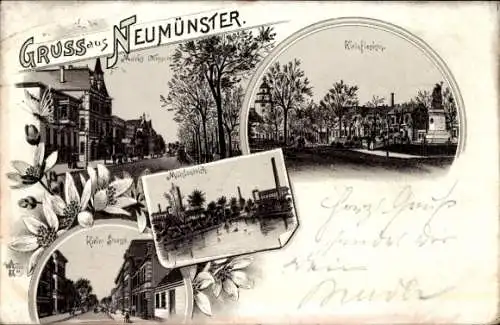 Litho Neumünster in Schleswig Holstein, Kleinflecken, Mühlenteich, Kieler Straße, Markt