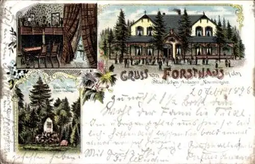 Litho Neumünster in Holstein, Forsthaus in den Städtischen Anlagen, Geerdts Denkmal