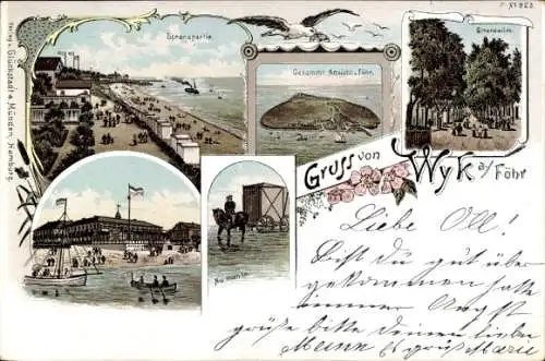 Litho Wyk auf Föhr in Nordfriesland, Strandpartie, Gesamtansicht, Strandallee, Badewagen