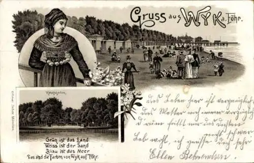 Litho Wyk auf Föhr in Nordfriesland, am Strand, Königsgarten, Frau in Tracht