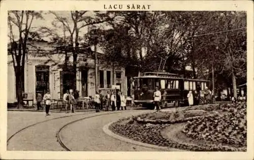 Ak Lacu Sărat Brăila Rumänien, Straßenpartie, Straßenbahn