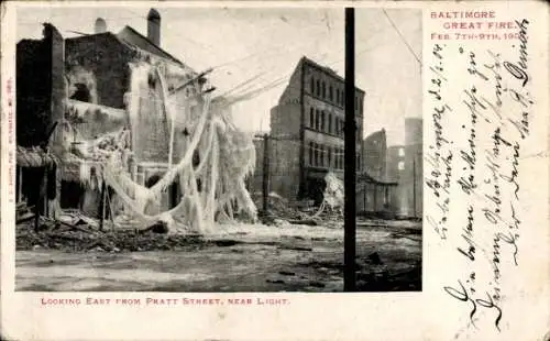 Ak Baltimore Maryland USA, Pratt Street, Zerstörungen nach dem Großbrand Februar 1904