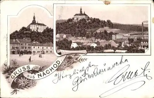 Litho Náchod Region Königgrätz, Teilansicht, Schloss, Platz, Fabrik