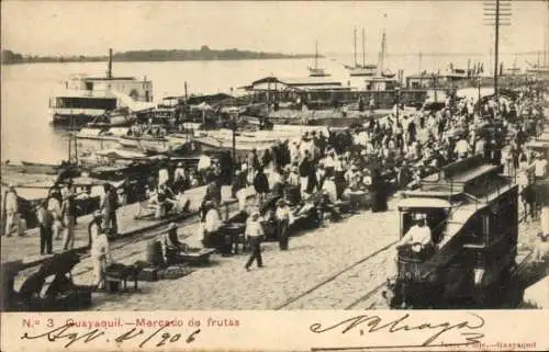 Ak Guayaquil Ecuador, Fruchtmarkt am Hafen, Straßenbahn