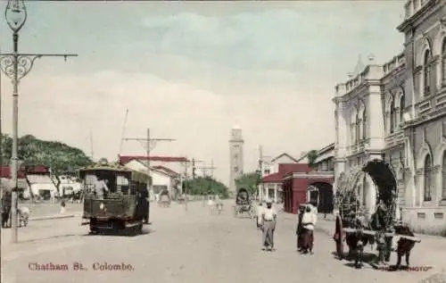 Ak Colombo Ceylon Sri Lanka, Chatham Street, Straßenbahn