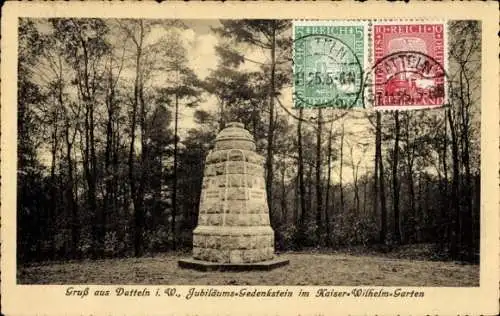 Ak Datteln im Ruhrgebiet Westfalen, Kaiser Wilhelm Garten, Jubiläums-Gedenkstein