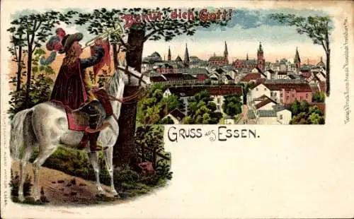 Litho Essen im Ruhrgebiet, Gesamtansicht, Trompeter zu Pferde