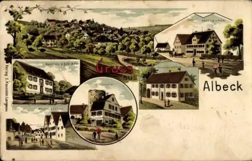Litho Albeck Langenau in Württemberg, Gasthaus z. gold. Adler, Gasthaus zur Krone, Schlossruine