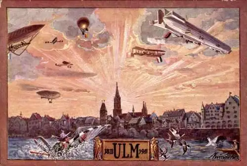 Künstler Ak Ulm, Überlandflug 1911 Eßlingen - Ulm - Friedrichshafen, Zeppelin, Flugzeuge, Ballon