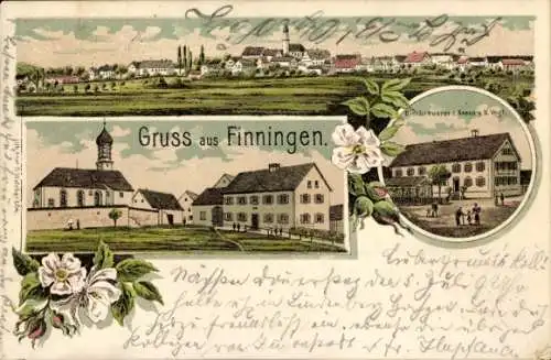 Litho Finningen Neu Ulm in Schwaben, Gesamtansicht, Kirche, Bierbrauerei zum Kreuz, Inh. Vogt