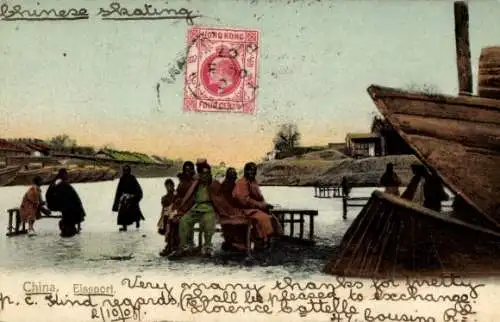 Ak China, Eissport, Chinesen beim Eislaufen