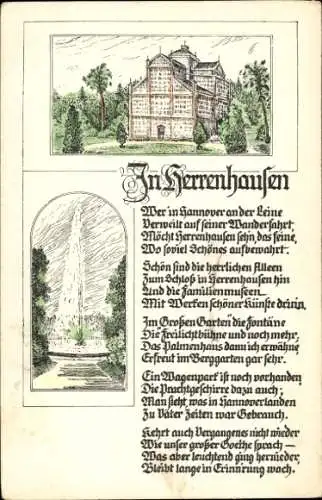 Ak Herrenhausen Hannover in Niedersachsen, Gedicht In Herrenhausen, Wer in Hannover...