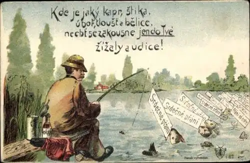 Litho Mann beim Angeln, Sprechende Fische