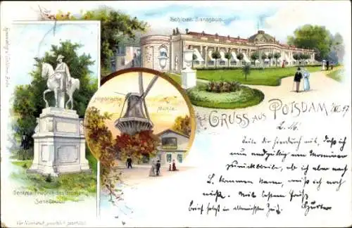 Litho Potsdam in Brandenburg, Schloss Sanssouci, Windmühle, Denkmal
