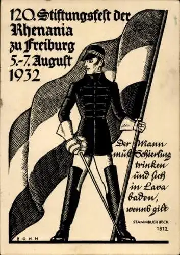 Studentika Künstler Ak Bohn, Freiburg im Breisgau, Corps Rhenania, 120. Stiftungsfest 1932, KSCV